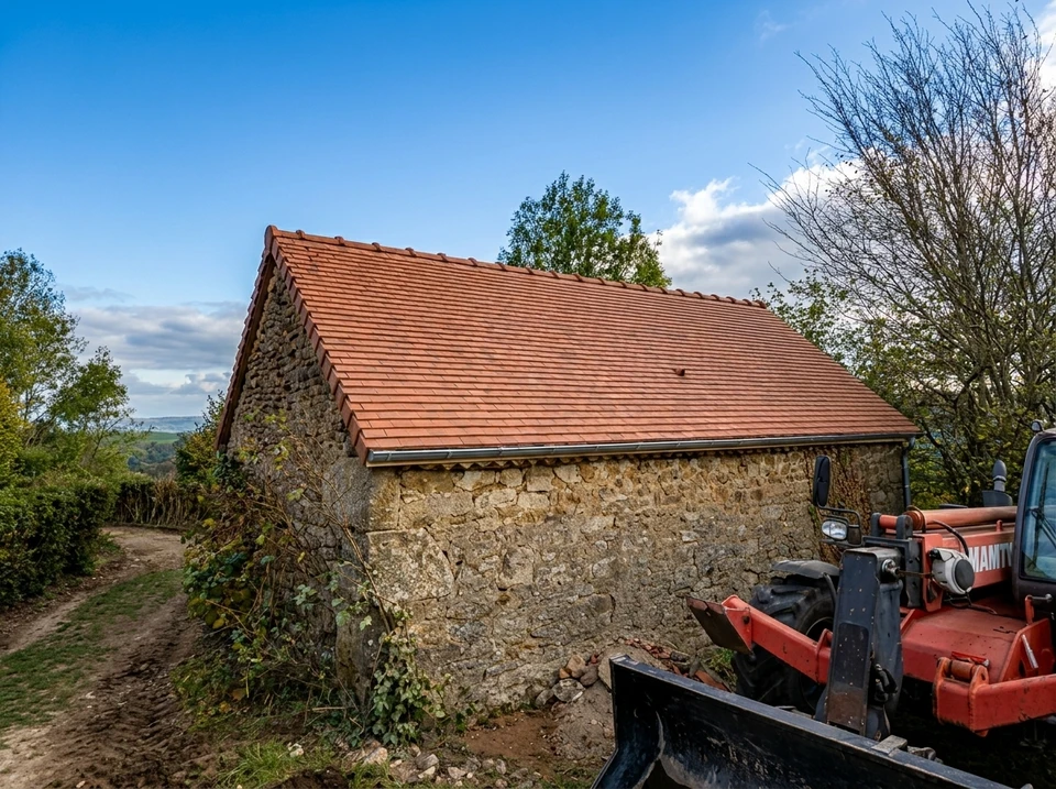 Rénovation de toiture d'une grange en pierre de taille, en milieu rural